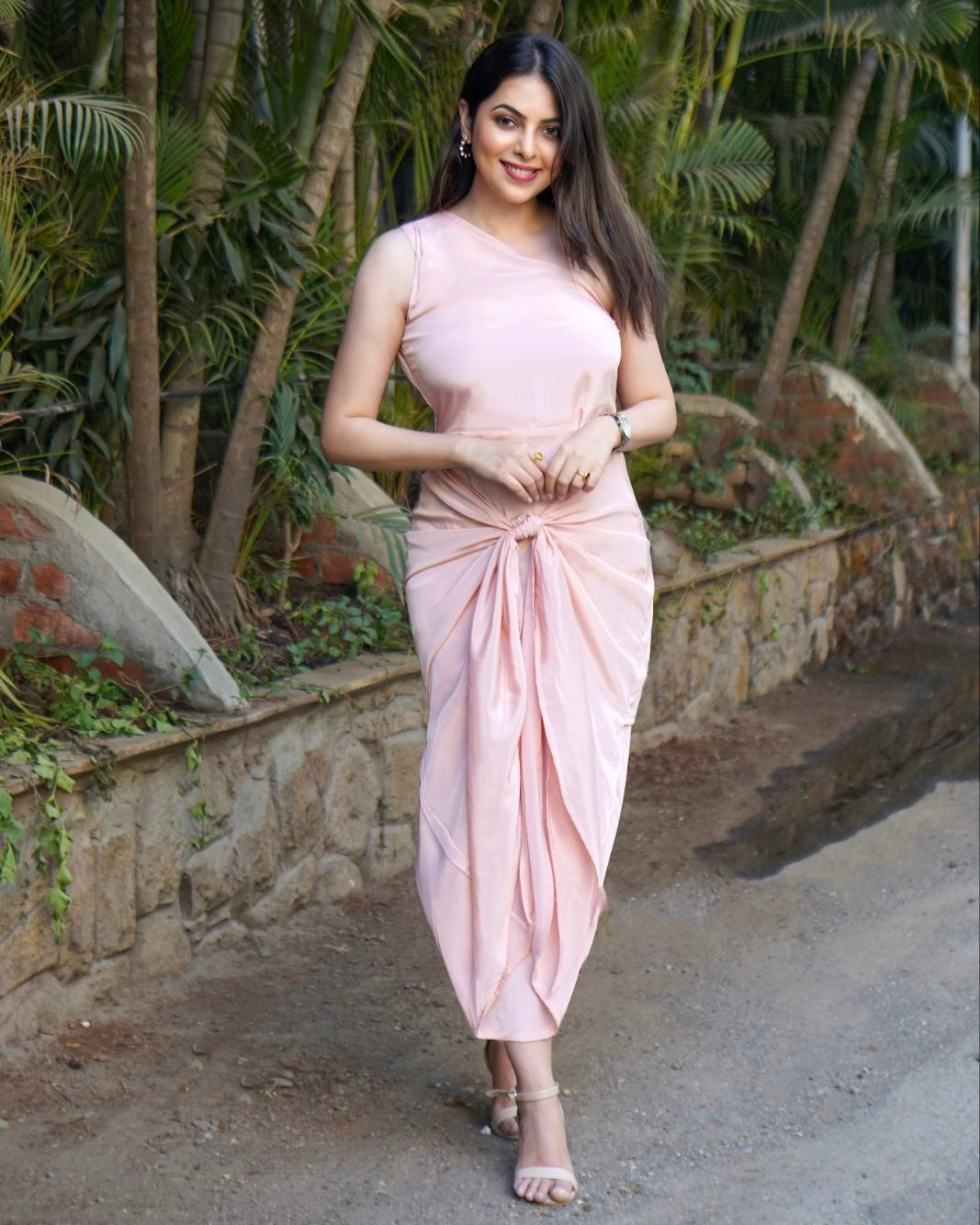 Pink tie-up Satin dress by LabelbyLeena